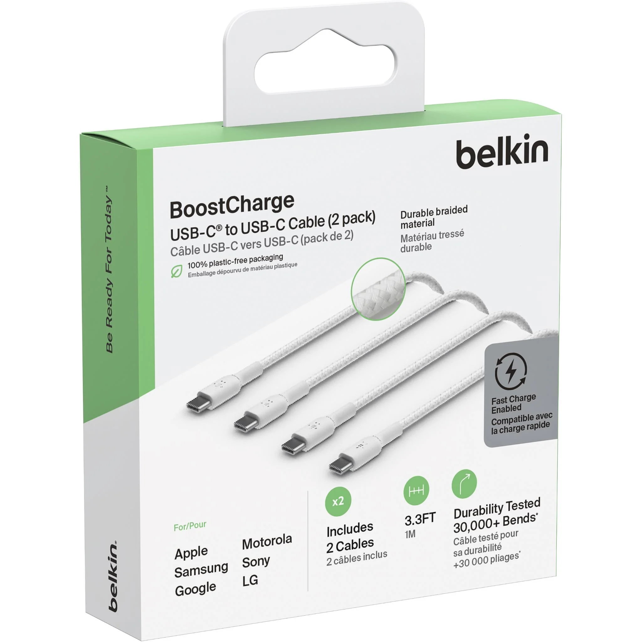 Belkin BoostCharge 60W Braided USB-C Cable (1m) [White] - 2 Pack - Image 2