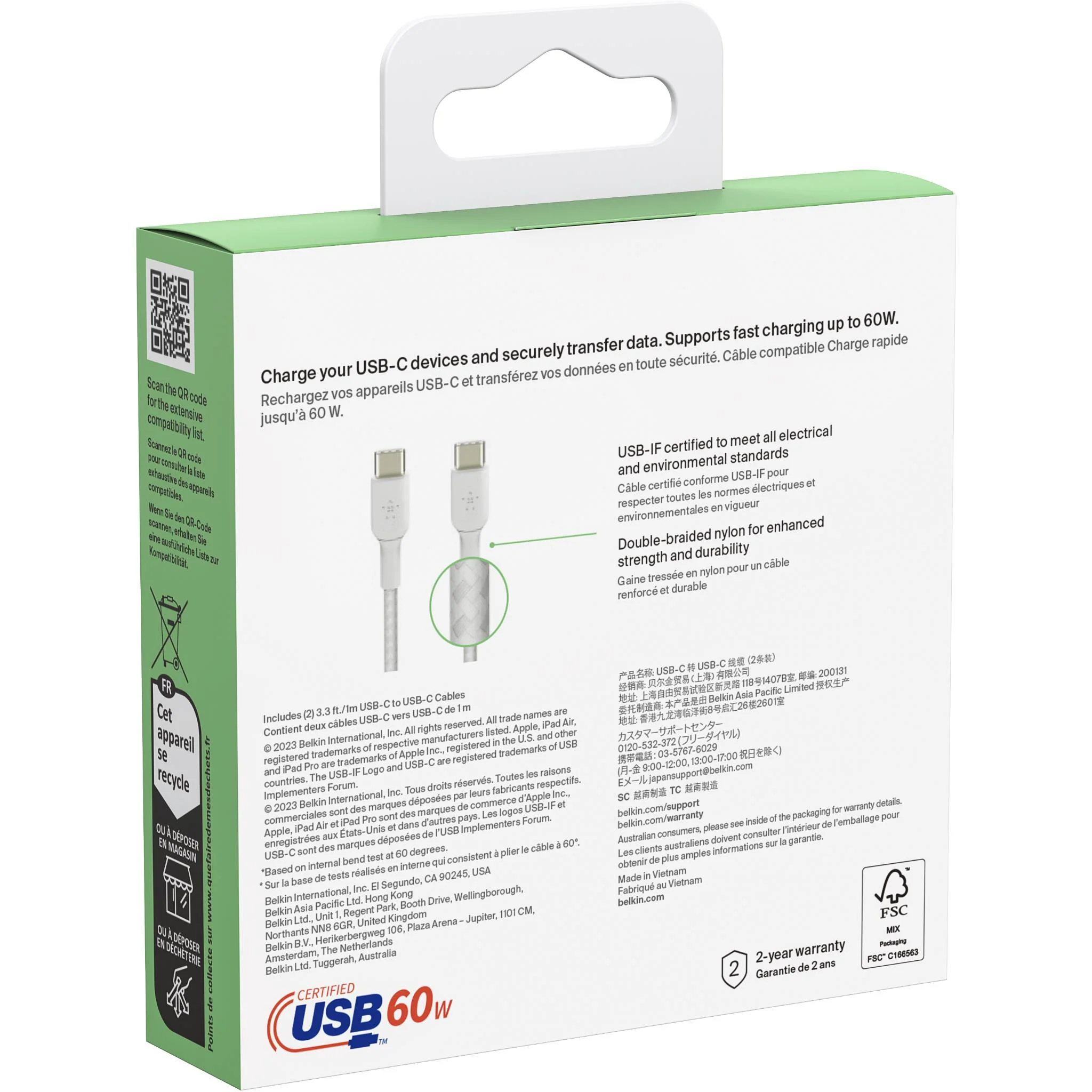 Belkin BoostCharge 60W Braided USB-C Cable (1m) [White] - 2 Pack - Image 3