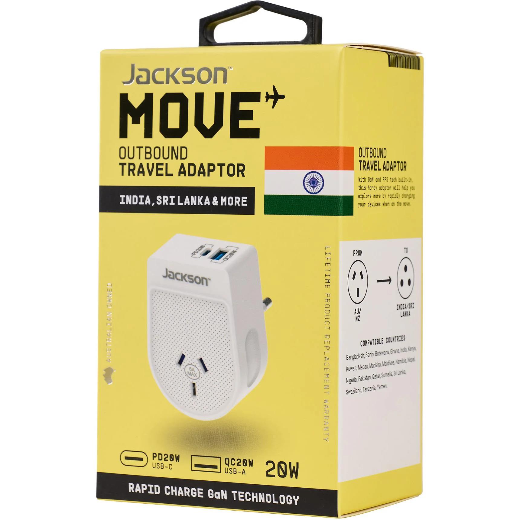 Jackson MOVE Rapid Charge PD20W USB-C/A Outbound Travel Adaptor (India, Sri Lanka & More) - Image 5