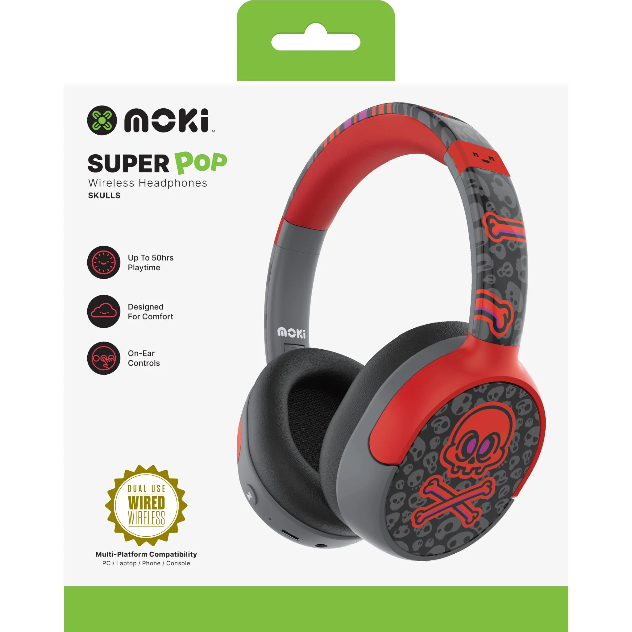 Moki Super Pop Wireless Kids Headphones (Skulls) - Image 5