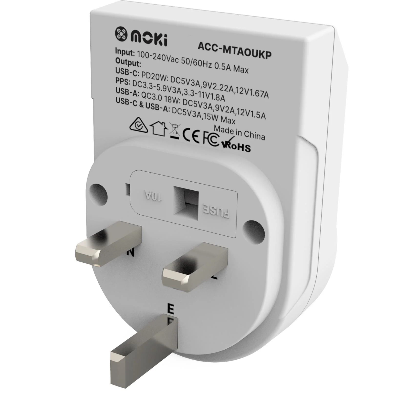 Moki Travel Adaptor Plus PD20W Type-C & QC 3.0 USB-A (Outbound - UK) - Image 3