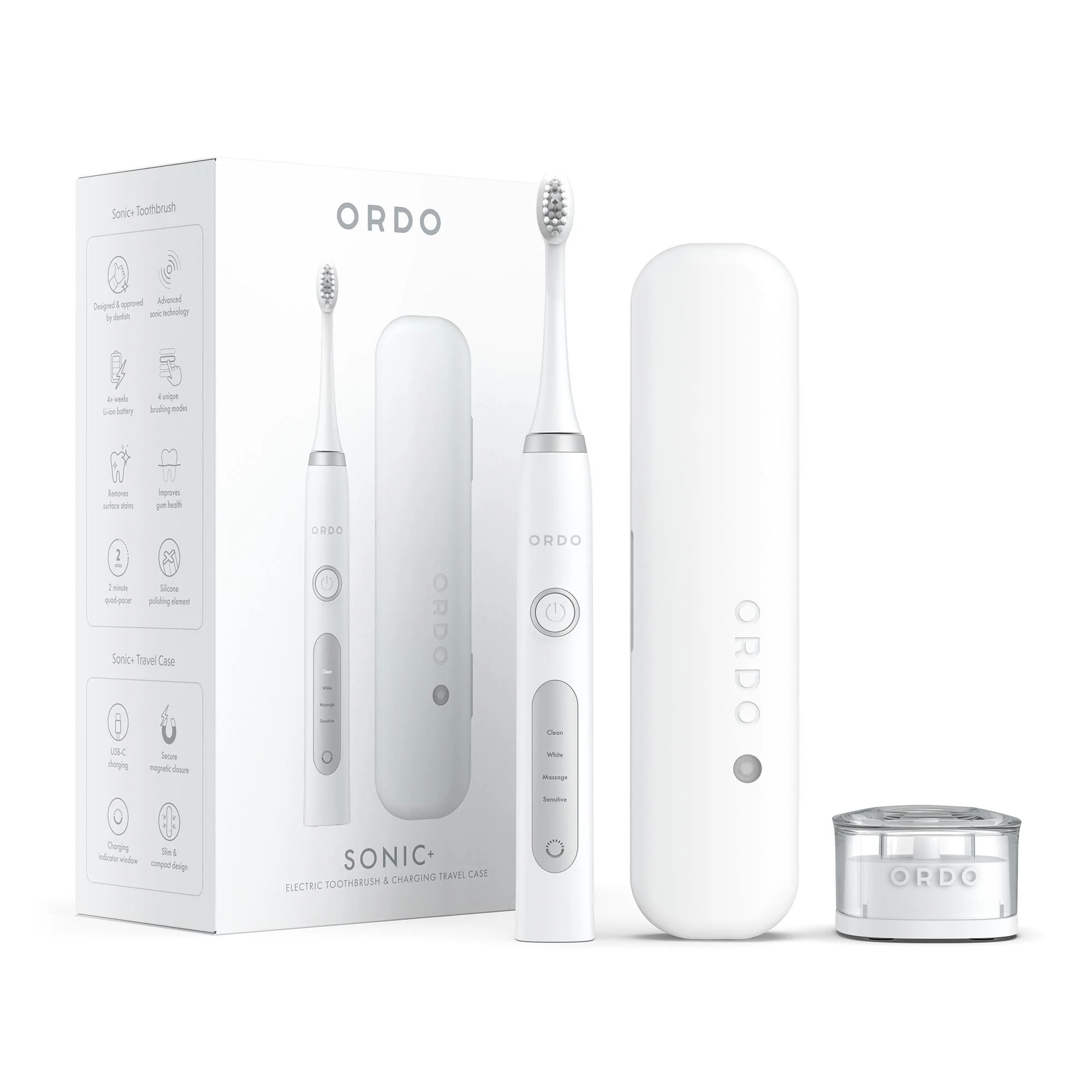 Ordo Sonic+ Electric Toothbrush & Charging Travel Case Bundle (White Silver)