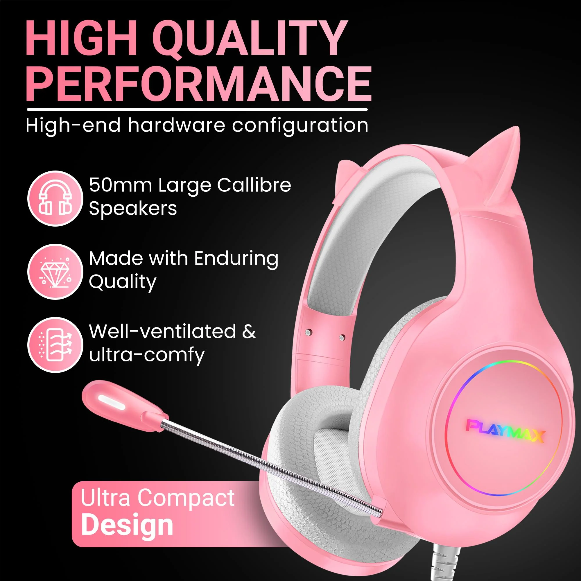 Playmax RGB Cat Ear Gaming Headset (Pink) - Image 2