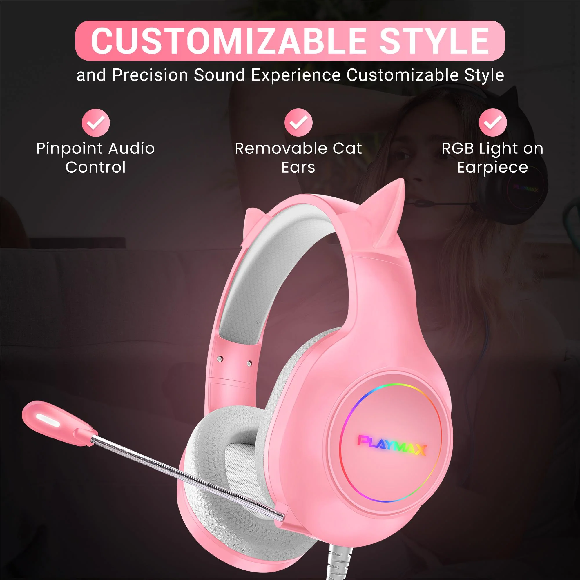 Playmax RGB Cat Ear Gaming Headset (Pink) - Image 3