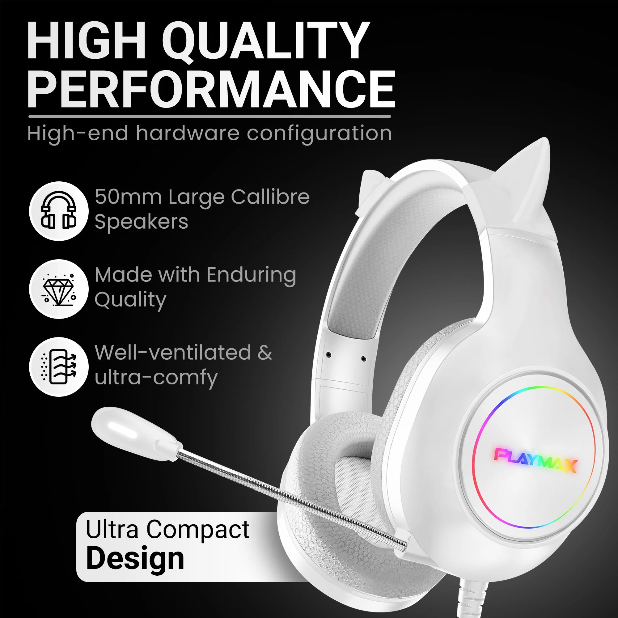 Playmax RGB Cat Ear Gaming Headset (White) - Image 2